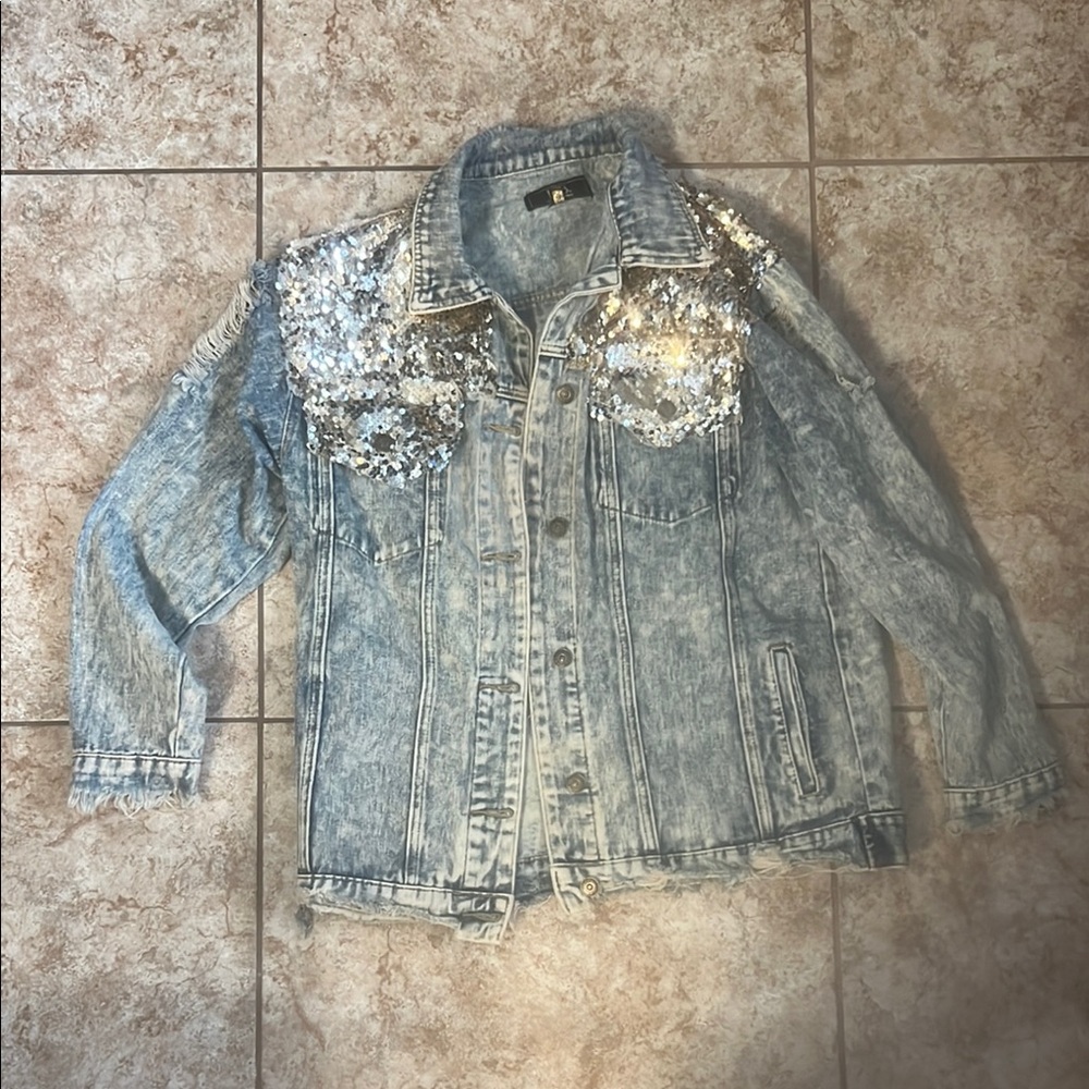 Denim Sequin Distressed Jacket - image 1